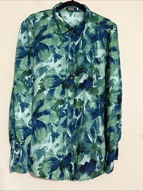 Btfbm Green & Blue Watercolor Print Button-Up Shirt women XXL casual office fall